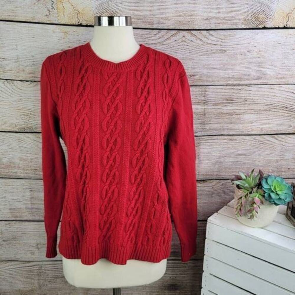 Lands End Cable Knit Fisherman‎ Red Sweater Size Large Petite